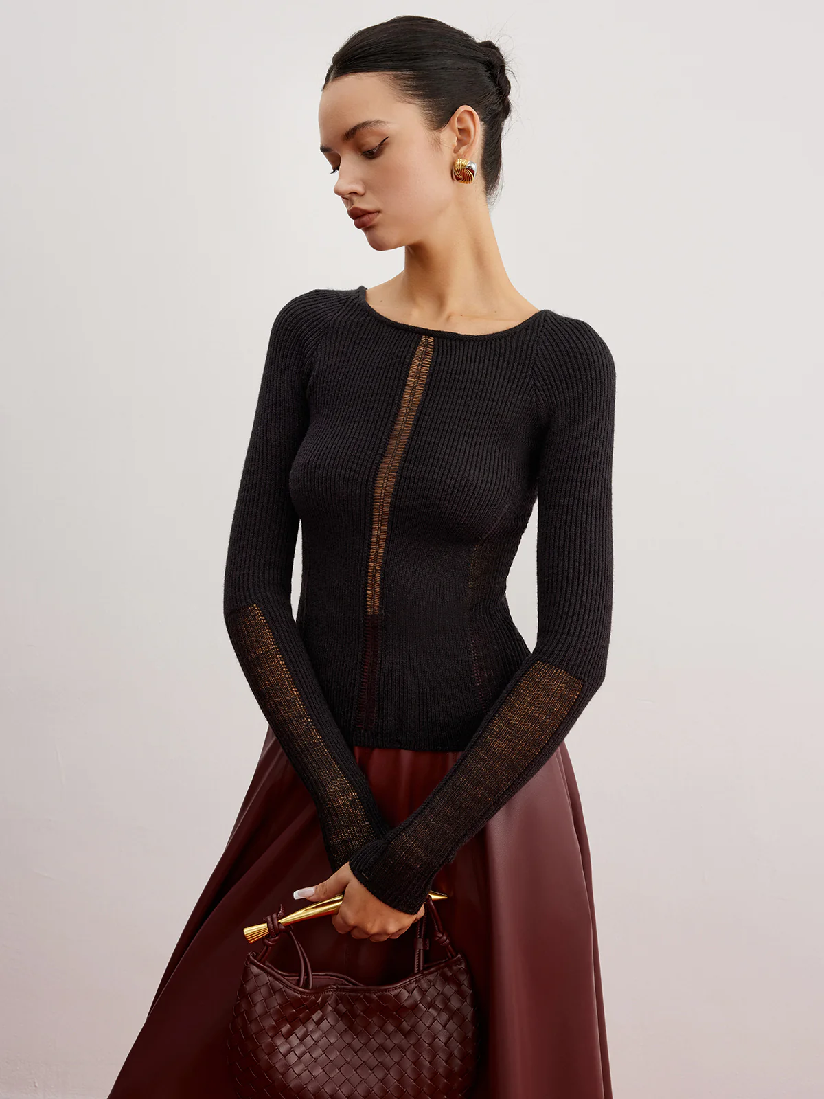 Sheer Panel Ribbed Slim Sweater - Image 5