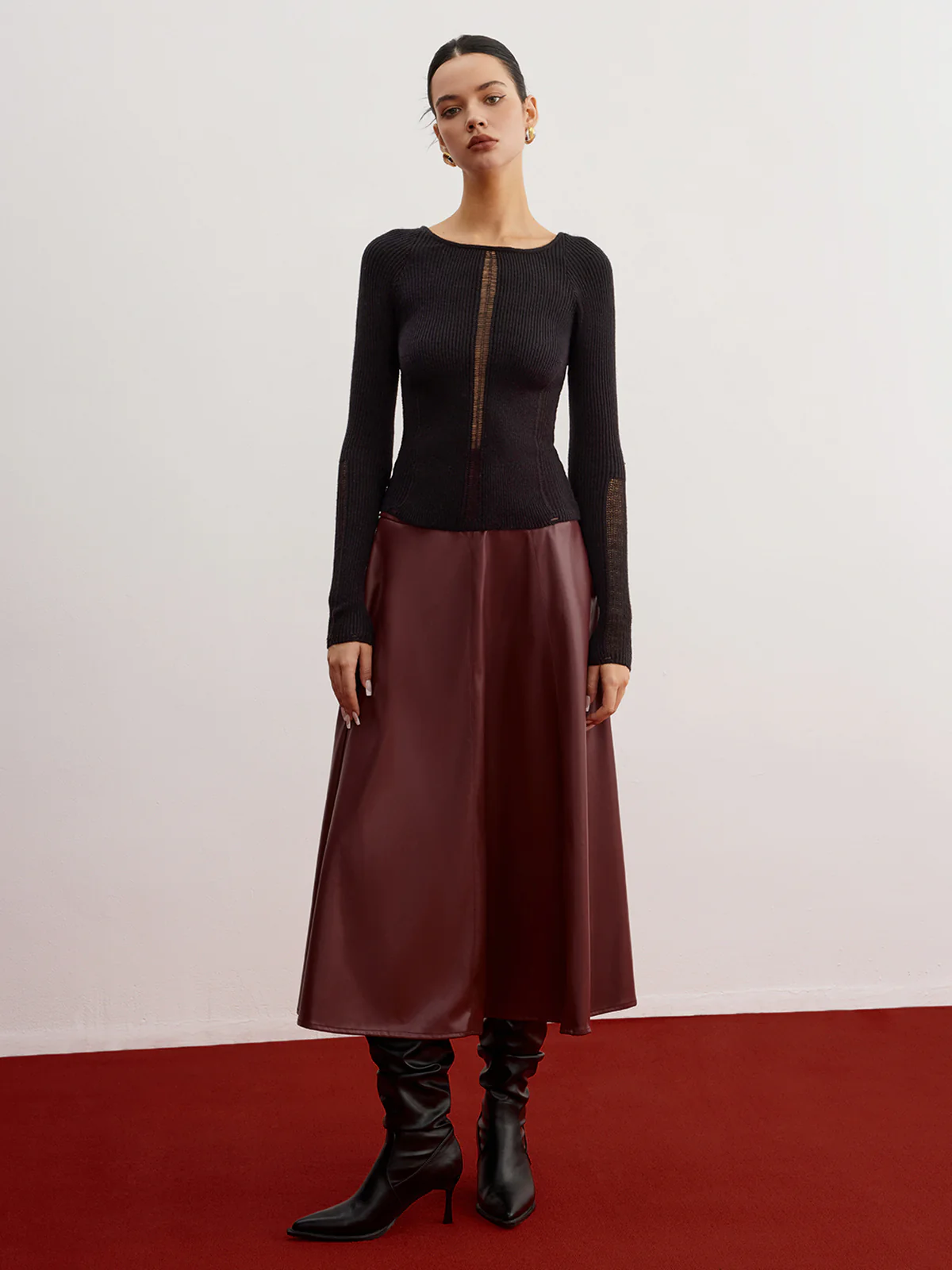 Sheer Panel Ribbed Slim Sweater - Image 6