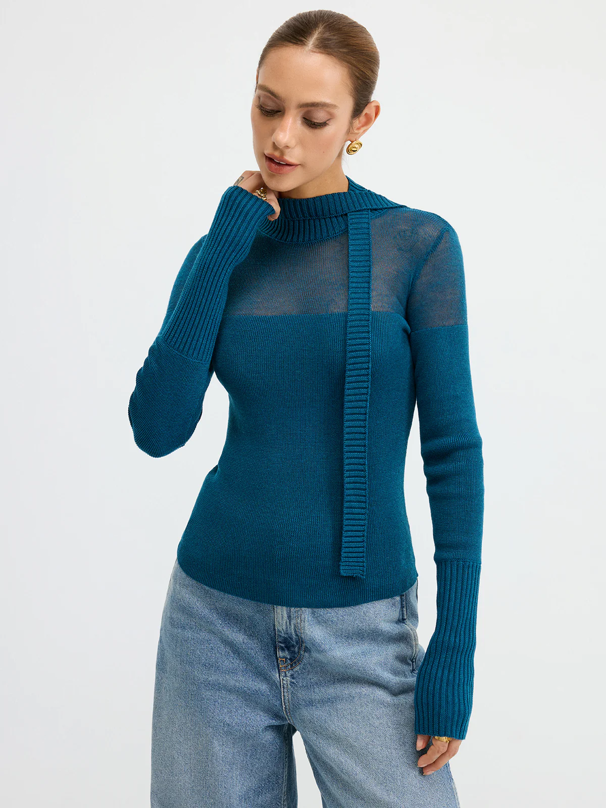 Sheer Panel Tie Neck Wool Blend Knit Top - Image 2