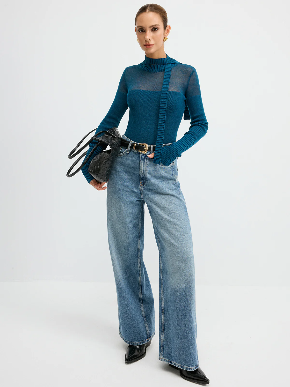 Sheer Panel Tie Neck Wool Blend Knit Top - Image 5