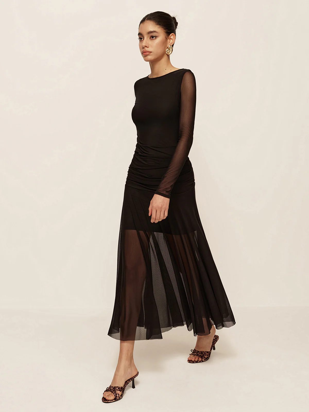 Sheer Pleated Hem Long Sleeve Ruched Dress - Image 2