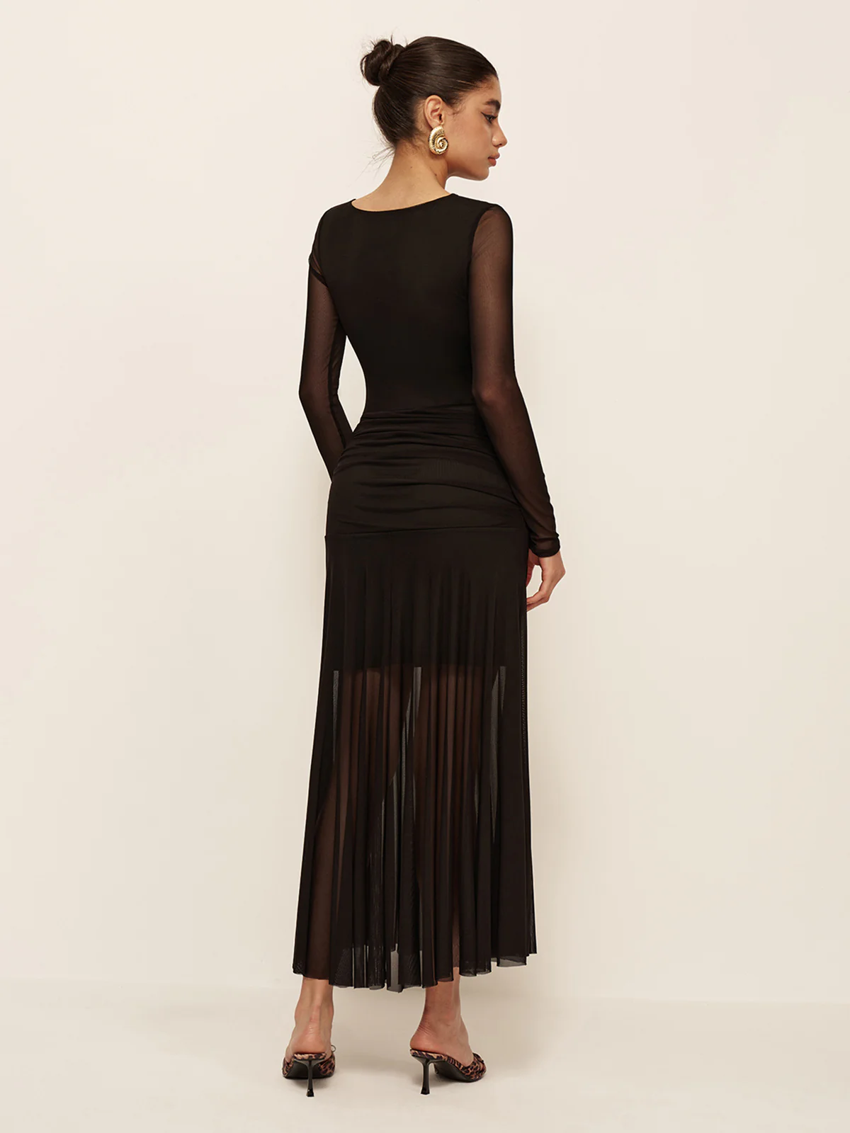 Sheer Pleated Hem Long Sleeve Ruched Dress - Image 3