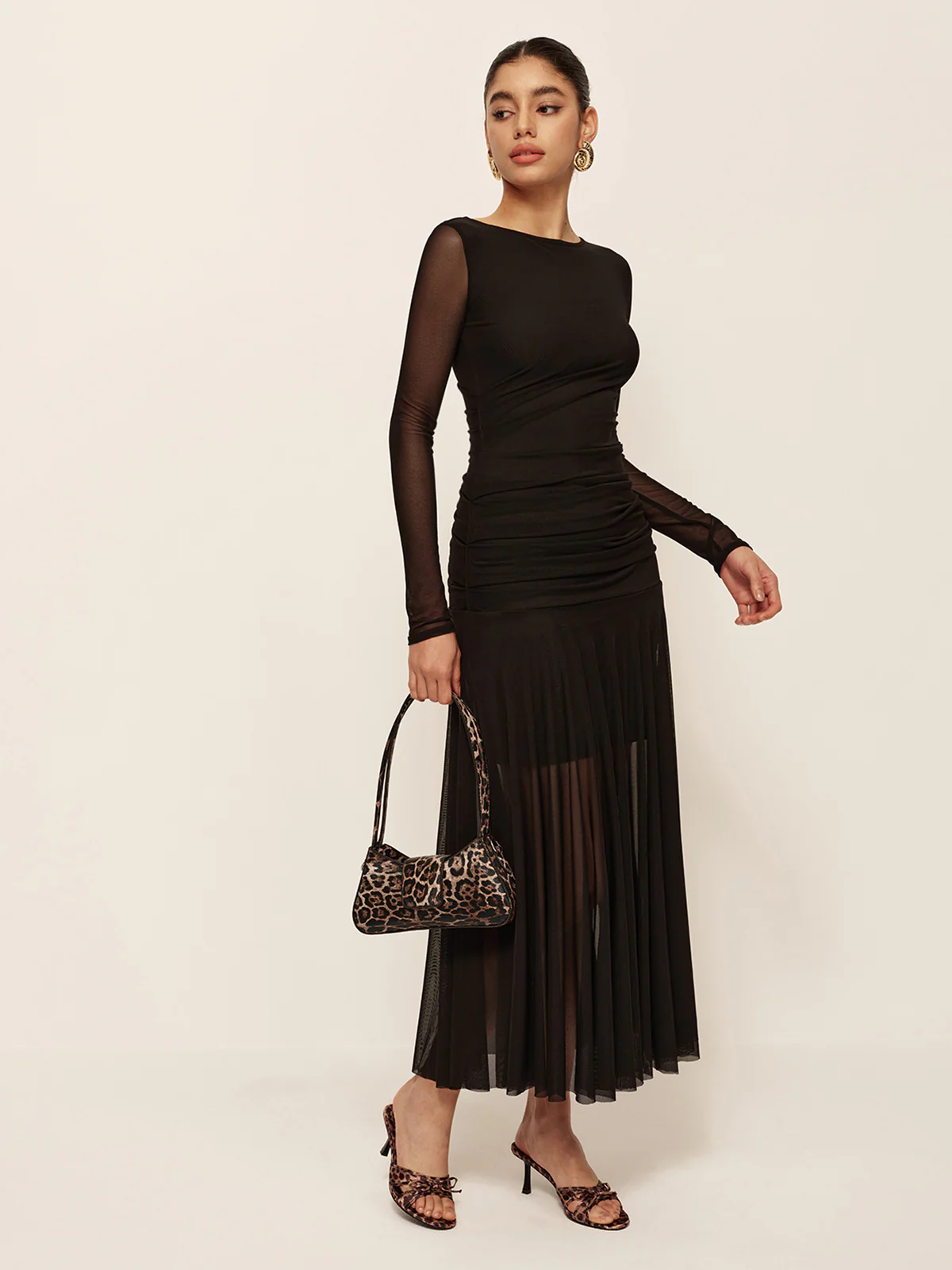 Sheer Pleated Hem Long Sleeve Ruched Dress - Image 6