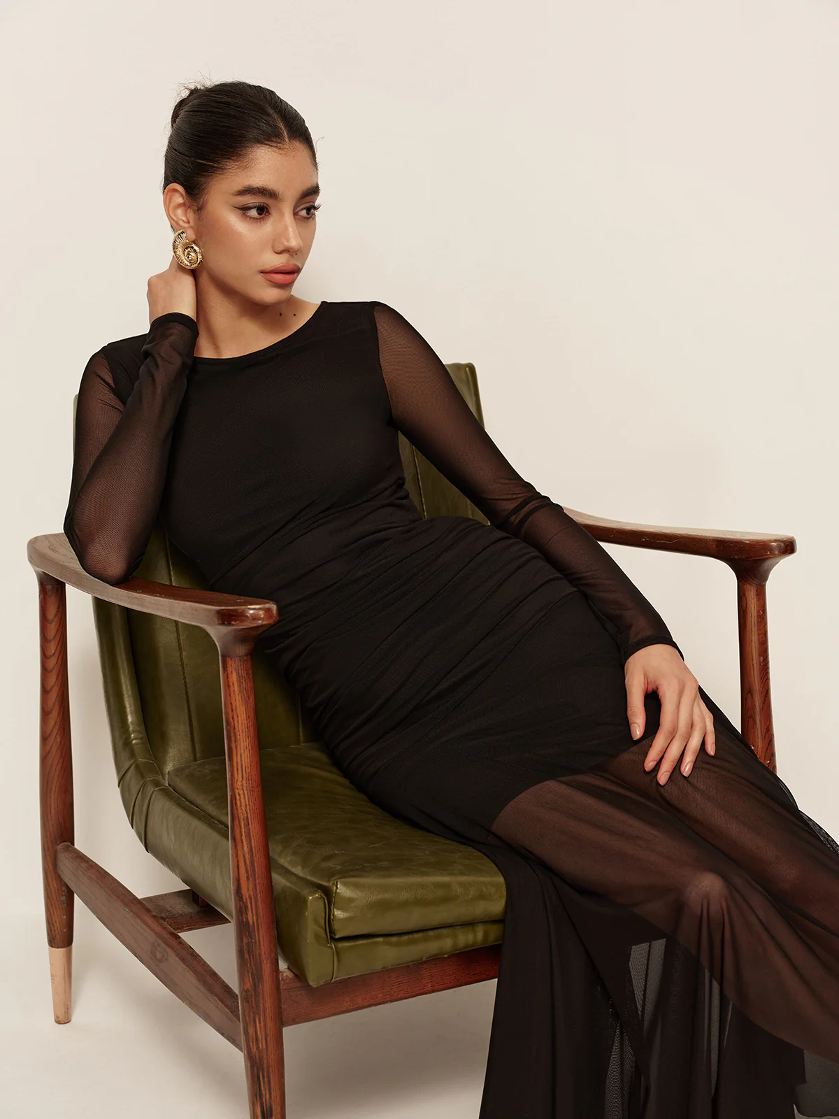 Sheer Pleated Hem Long Sleeve Ruched Dress - Image 8