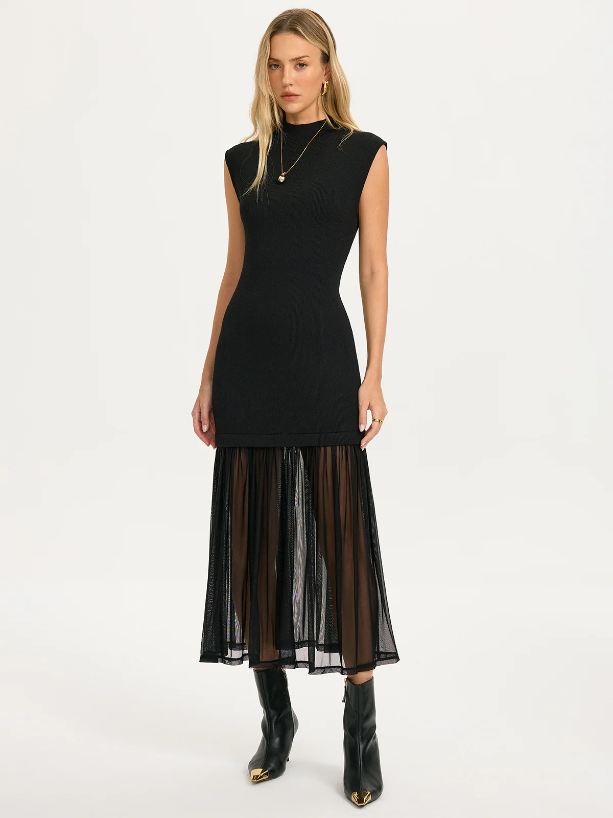 Sheer Pleated Hem Sleeveless Knit Dress - Image 3