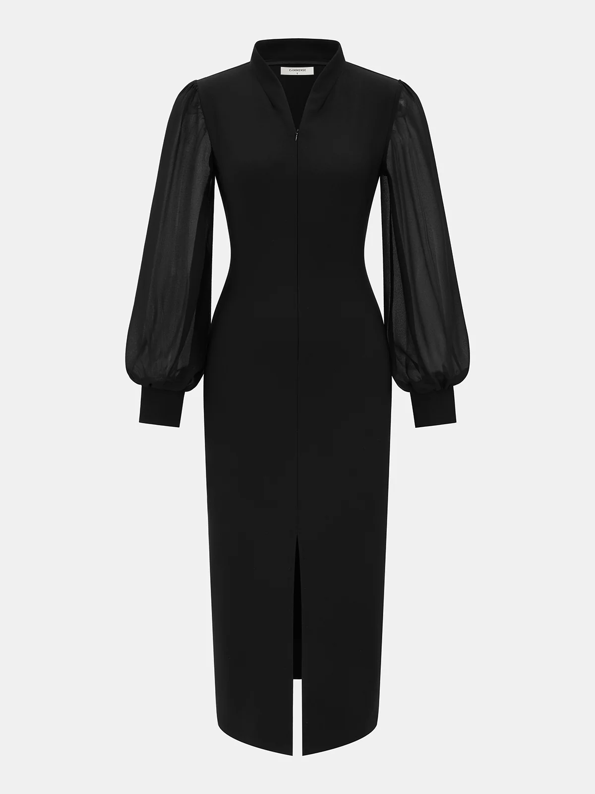 Sheer Sleeve Stand Collar Split Maxi Dress