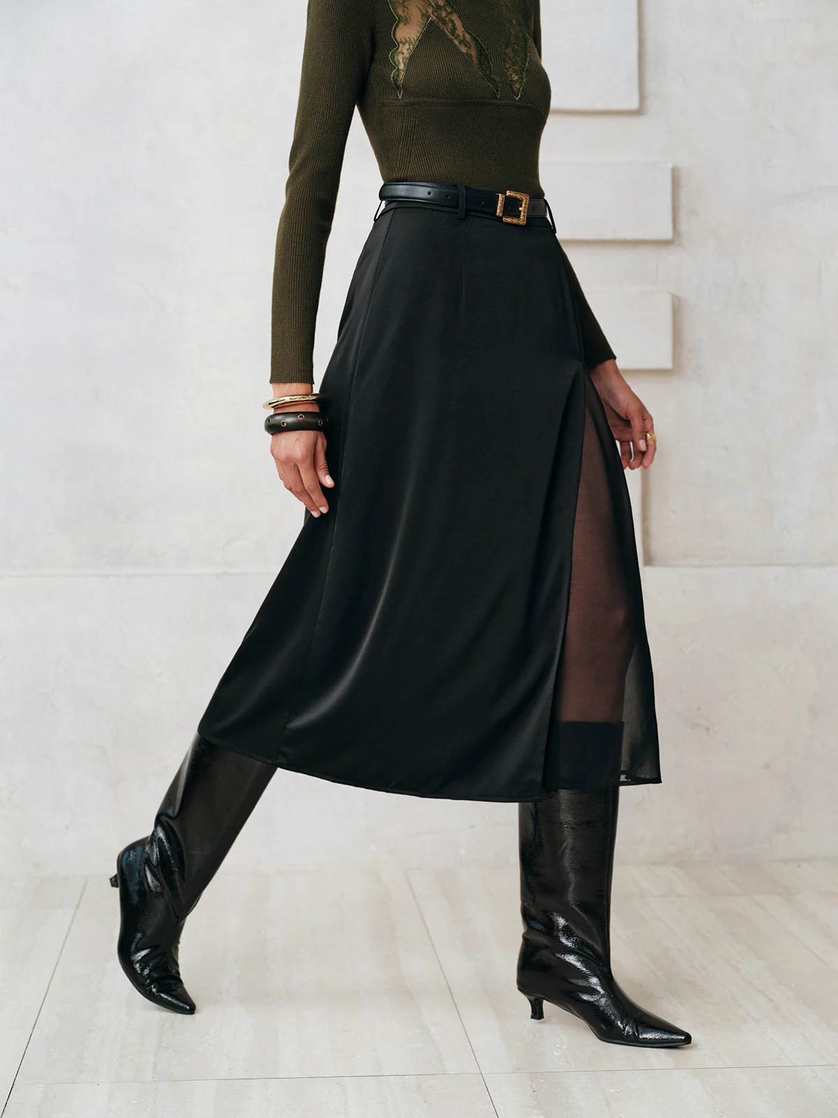 Sheer Slit Midi Skirt without Belt - Image 3