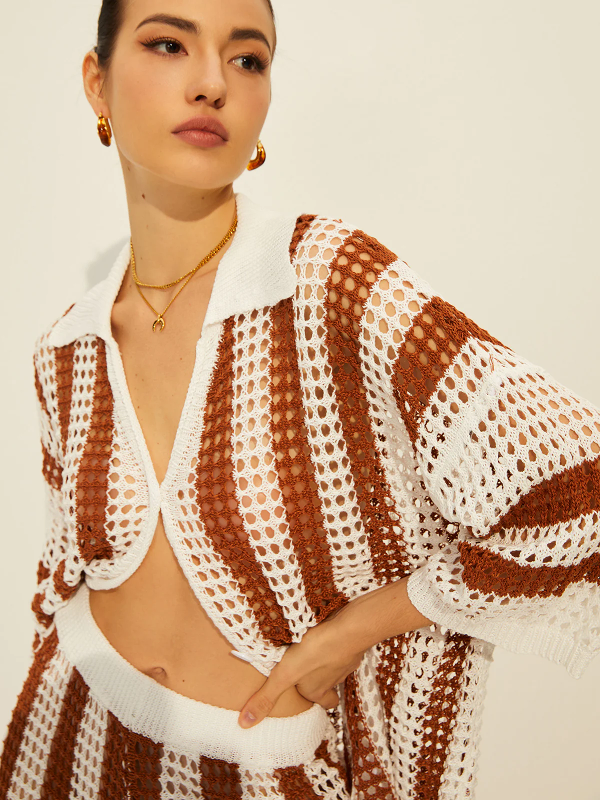 Sheer Stripe Polo Knit Pants Set - Image 2