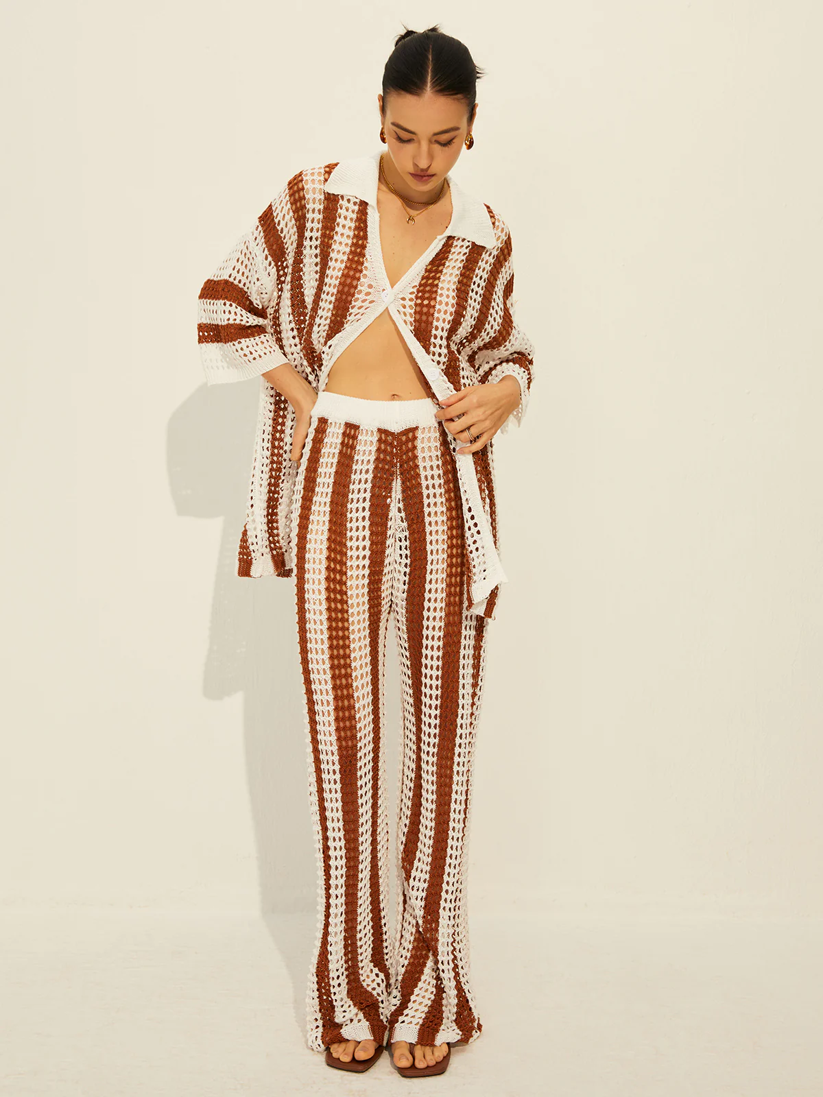 Sheer Stripe Polo Knit Pants Set - Image 3
