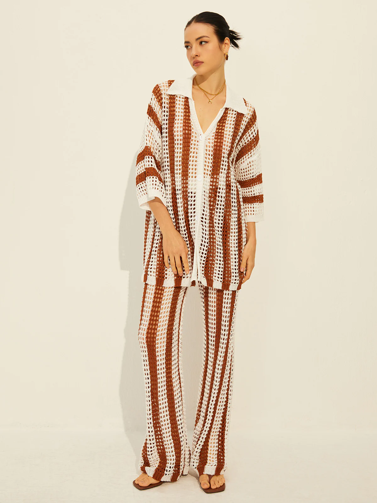 Sheer Stripe Polo Knit Pants Set - Image 4