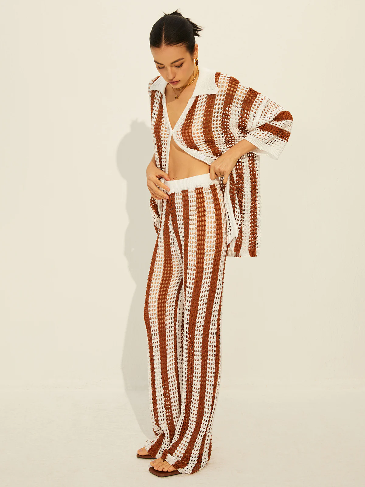 Sheer Stripe Polo Knit Pants Set - Image 5