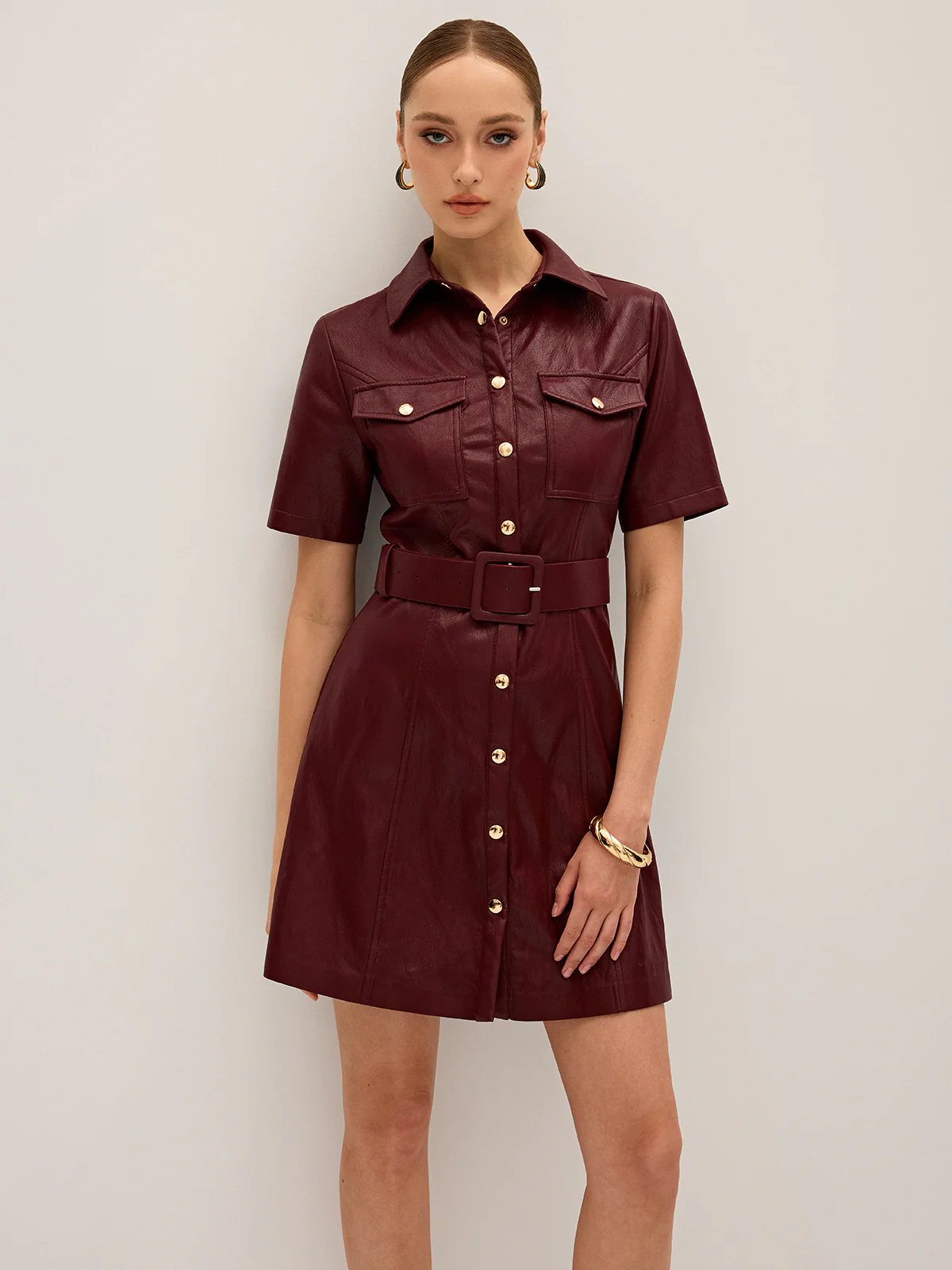 Shirt Collar Belted PU Leather Mini Dress - Image 3