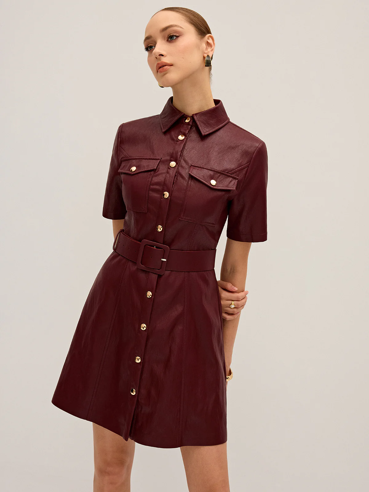 Shirt Collar Belted PU Leather Mini Dress - Image 4