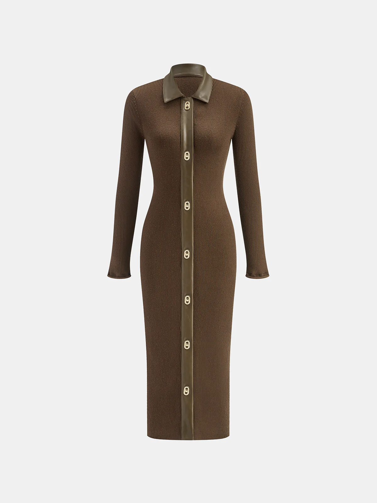 Shirt Collar Faux Leather Panel Ribbed Midi Dress - Image 2