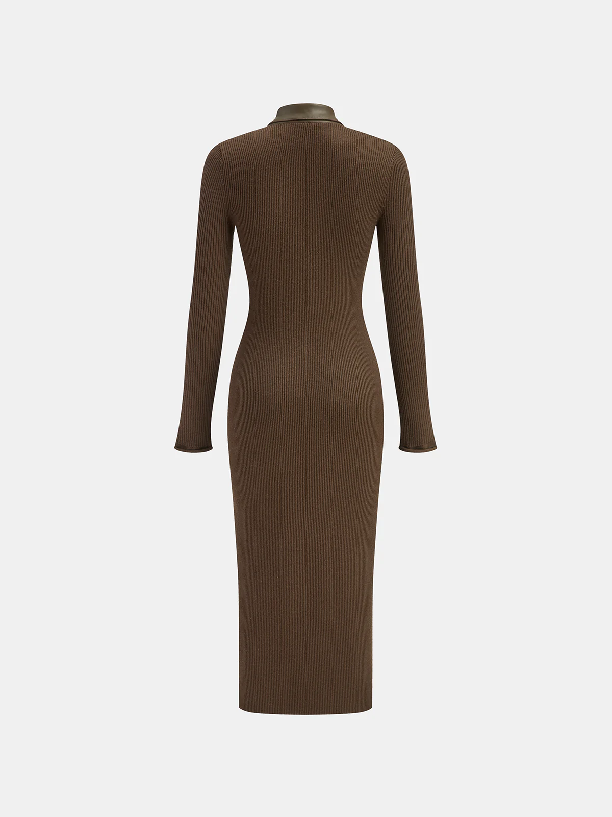 Shirt Collar Faux Leather Panel Ribbed Midi Dress - Image 3