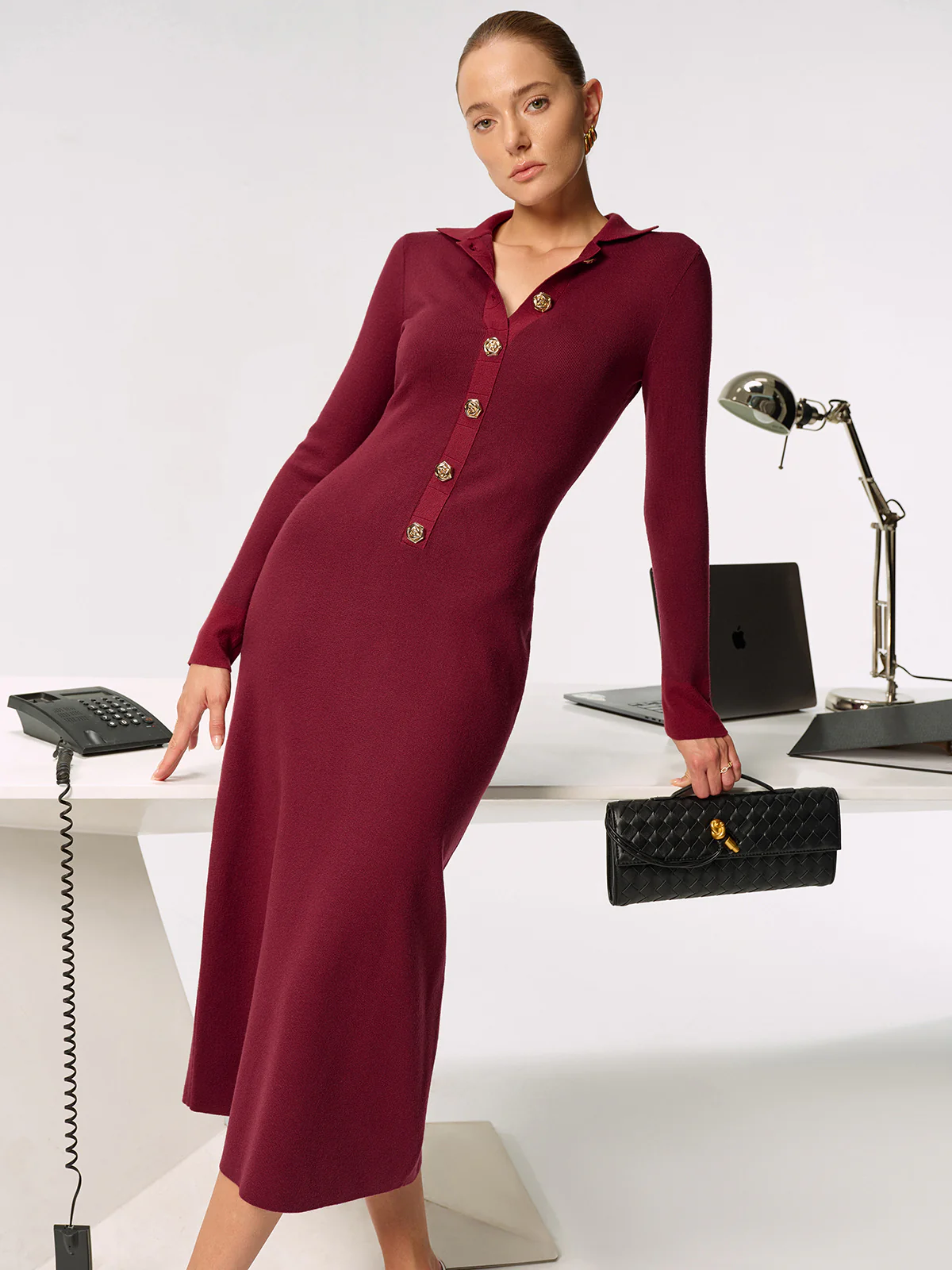 Shirt Collar Metal Button Knit Maxi Dress - Image 4