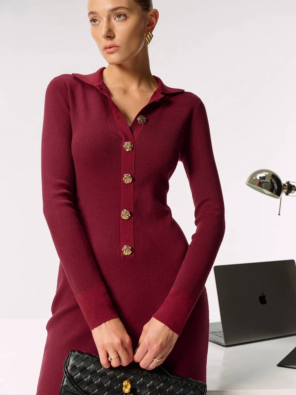 Shirt Collar Metal Button Knit Maxi Dress - Image 5