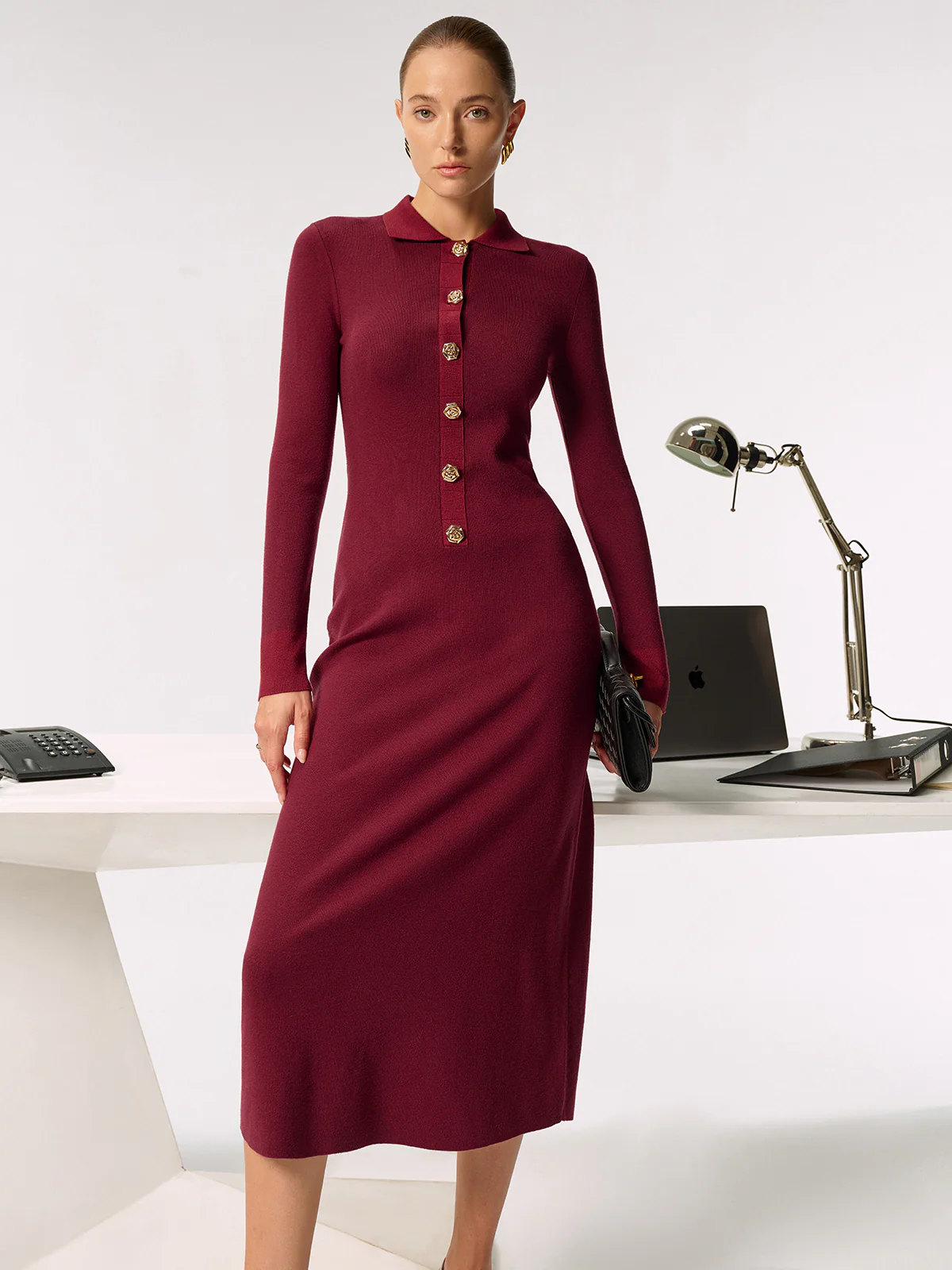 Shirt Collar Metal Button Knit Maxi Dress - Image 6