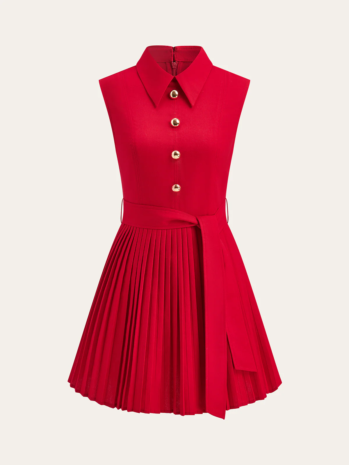 Shirt-Collar Pleated Dress with Belt - Image 3