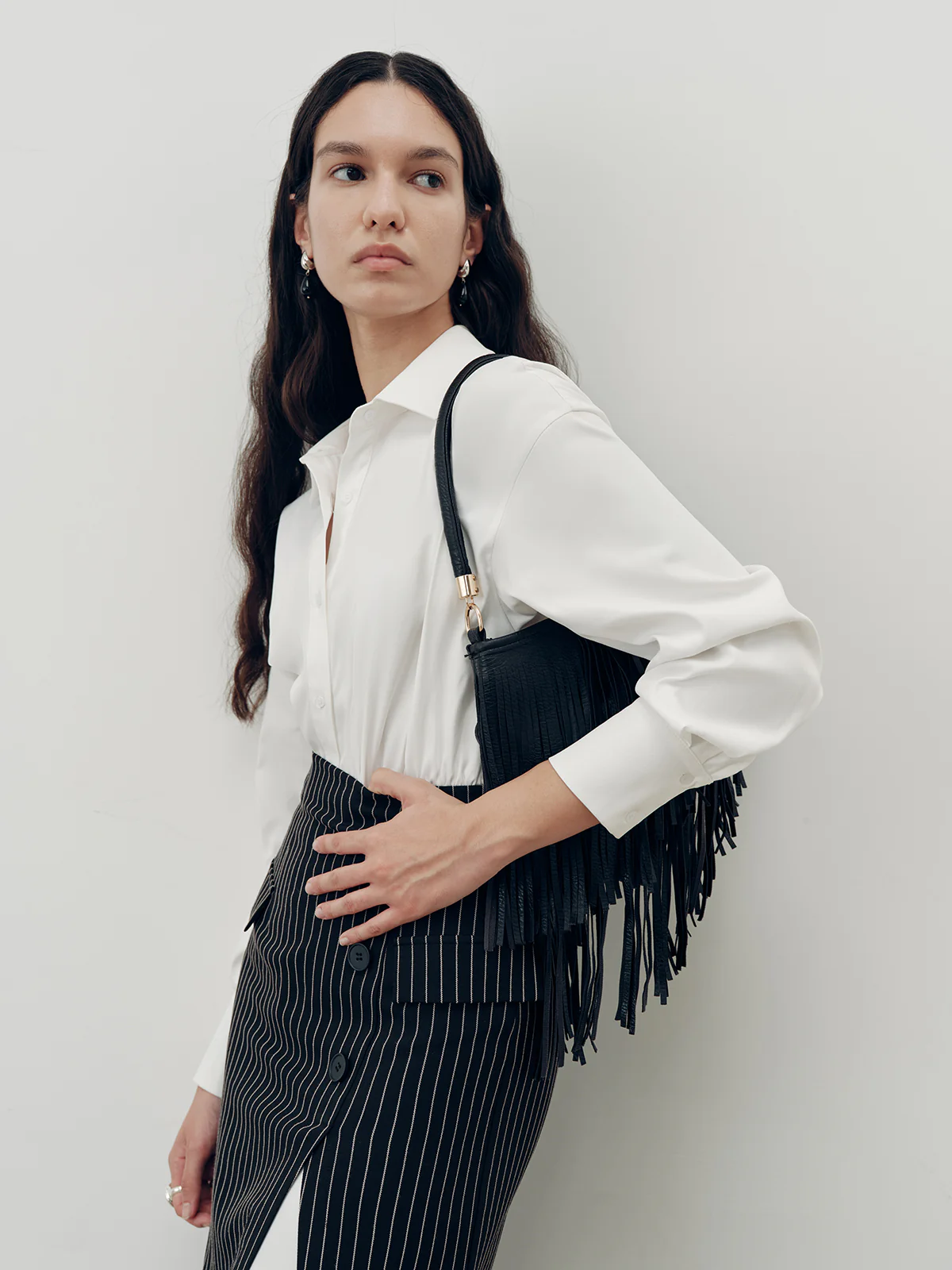 Shirt Dress and Pinstripe Slit Skirt Two-Piece Set - Image 2