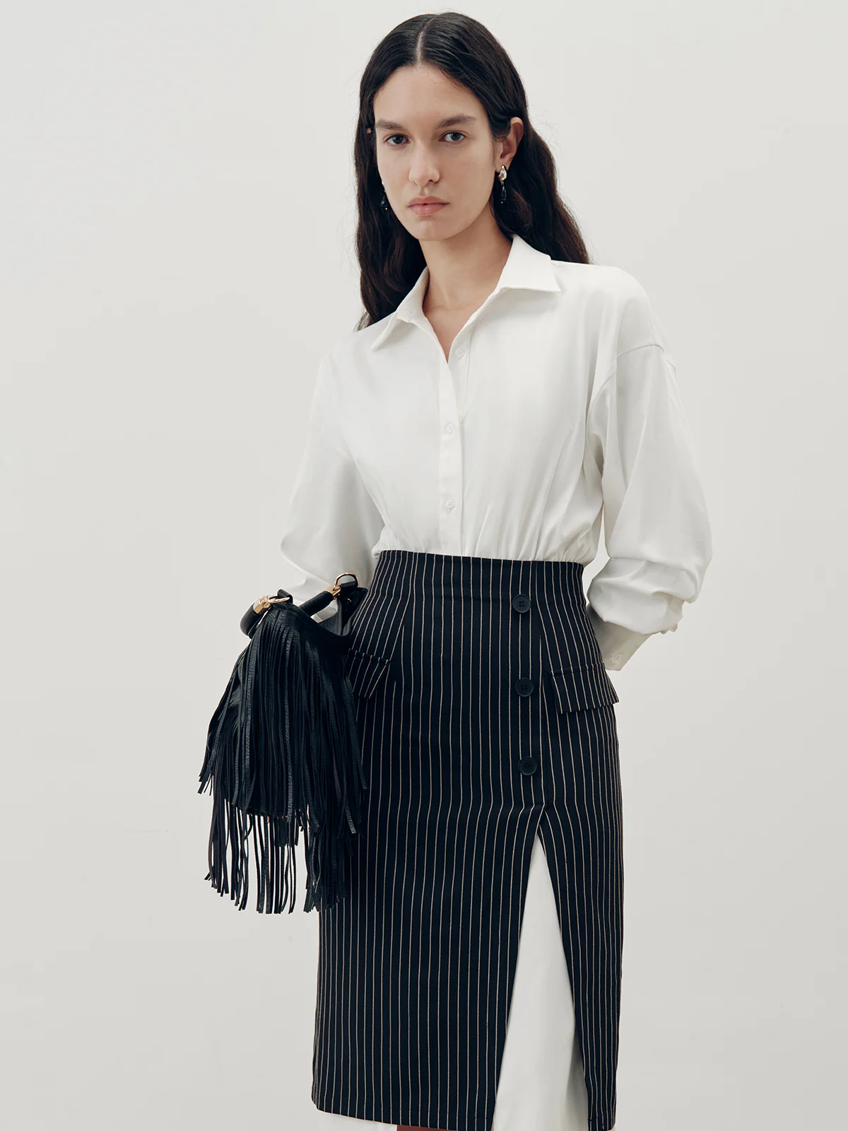 Shirt Dress and Pinstripe Slit Skirt Two-Piece Set - Image 3