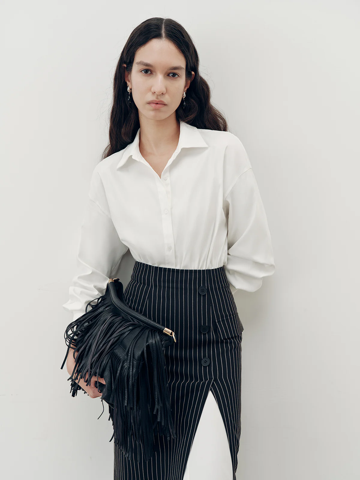 Shirt Dress and Pinstripe Slit Skirt Two-Piece Set - Image 4