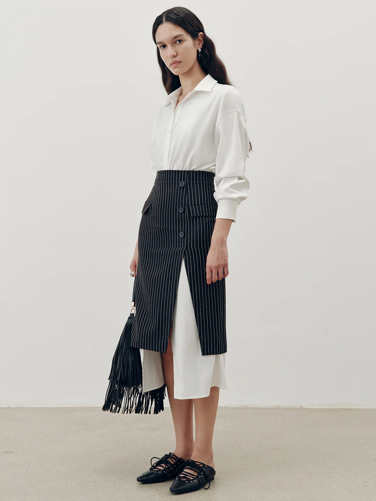 Shirt Dress and Pinstripe Slit Skirt Two-Piece Set - Image 5