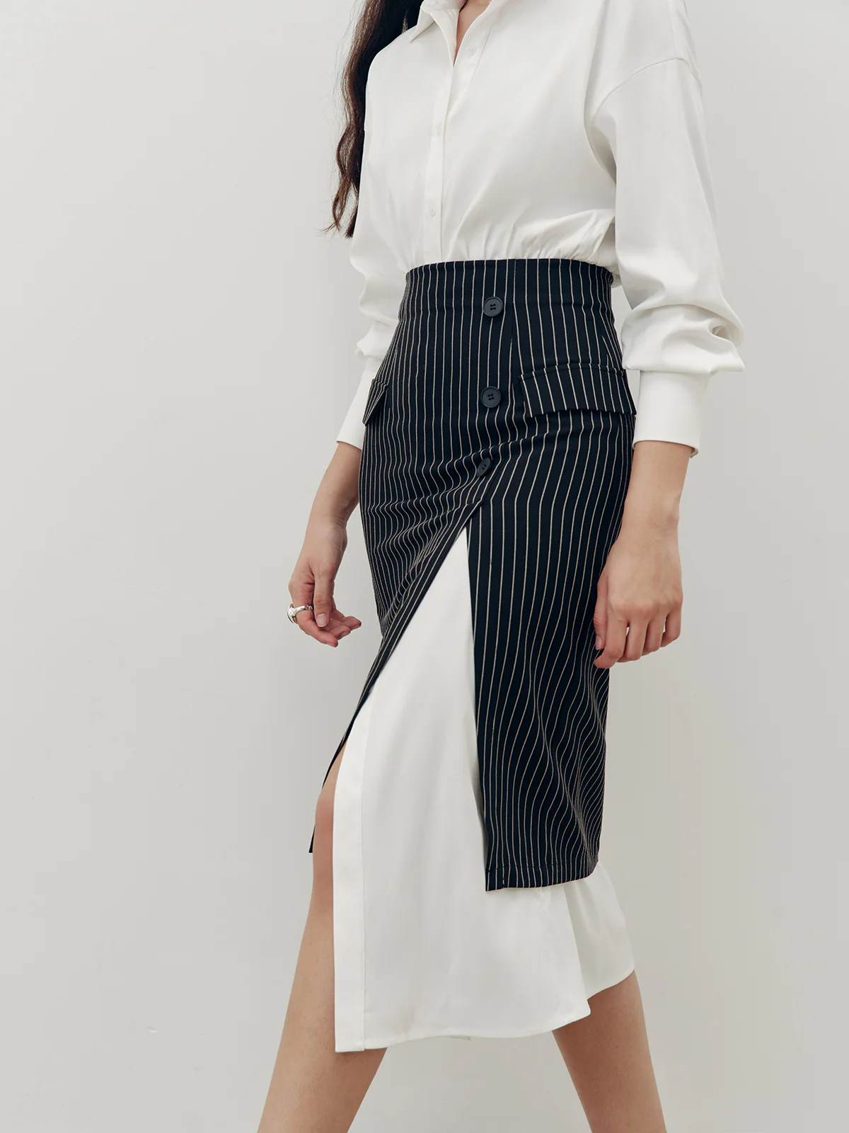 Shirt Dress and Pinstripe Slit Skirt Two-Piece Set - Image 6