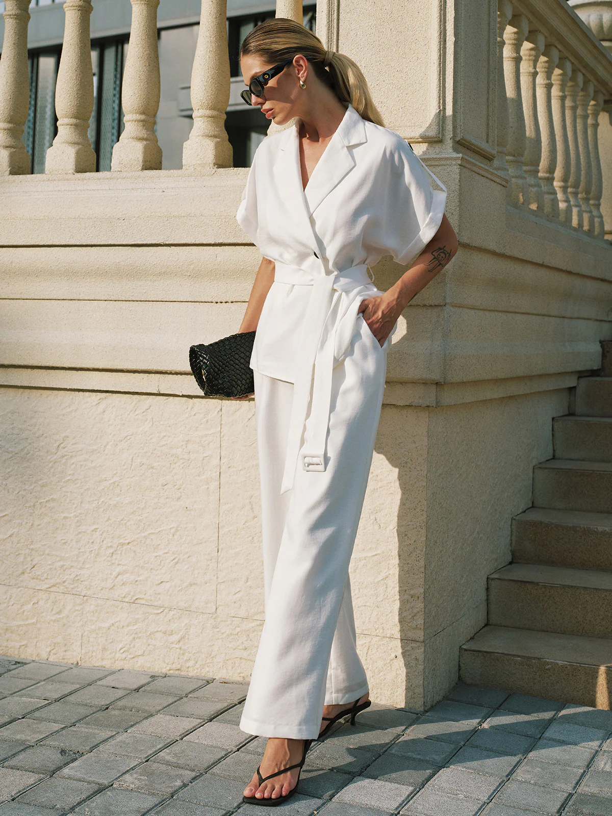 Short Sleeve Belted Blazer & Wide Leg Pant Set - Image 4