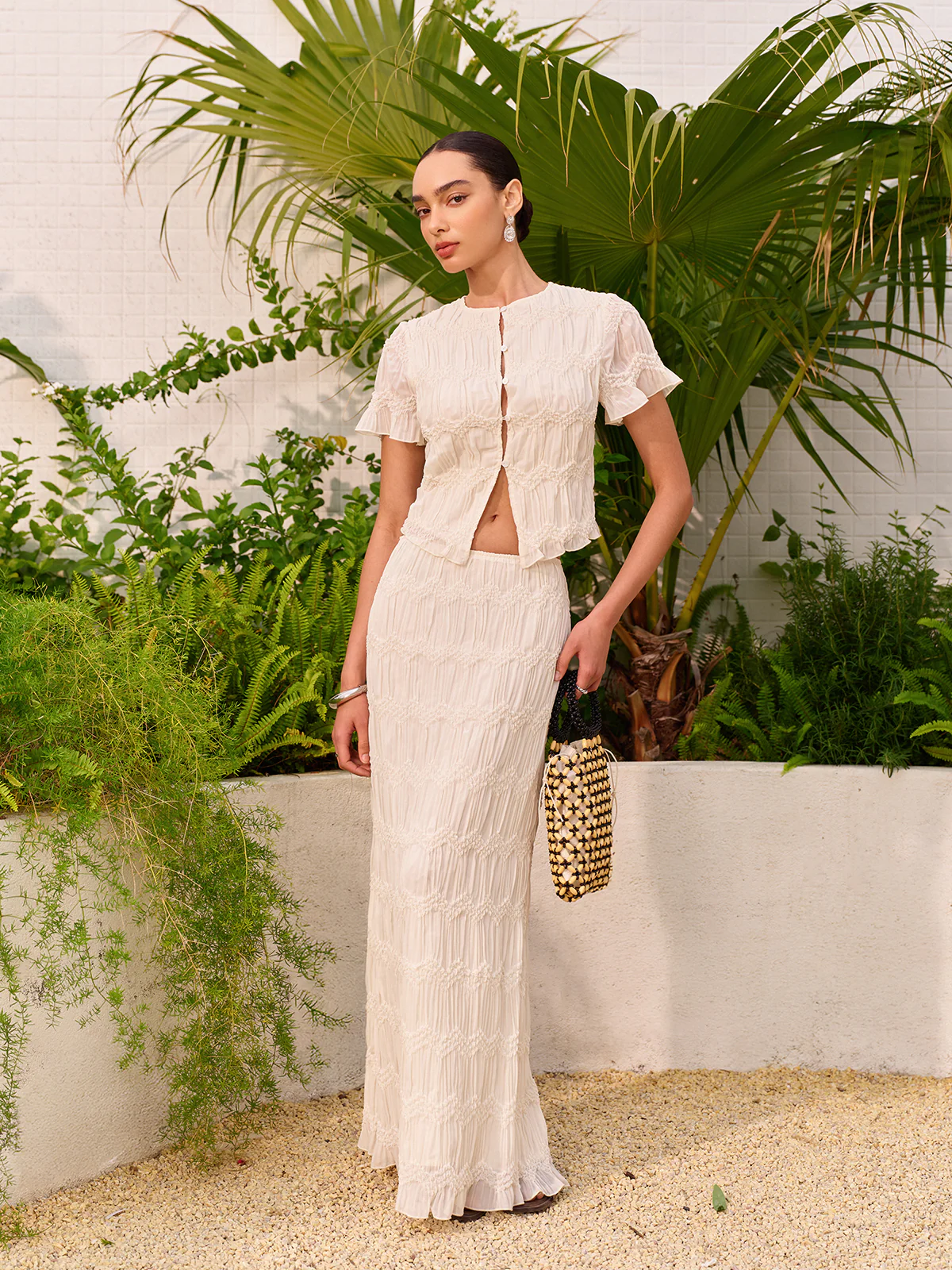 Short Sleeve Buttoned Crop Top With Skirt Set - Image 3