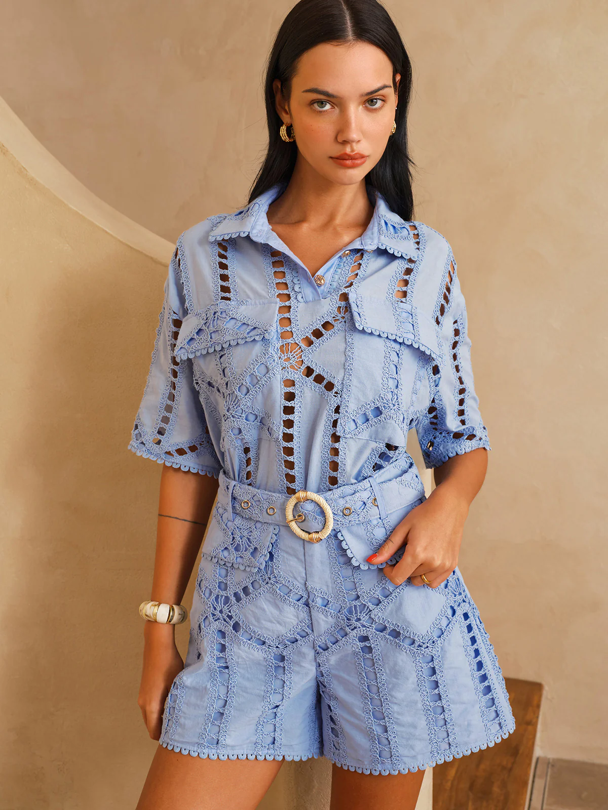Short Sleeve Eyelet Embroidery Cutout Shirt - Image 5