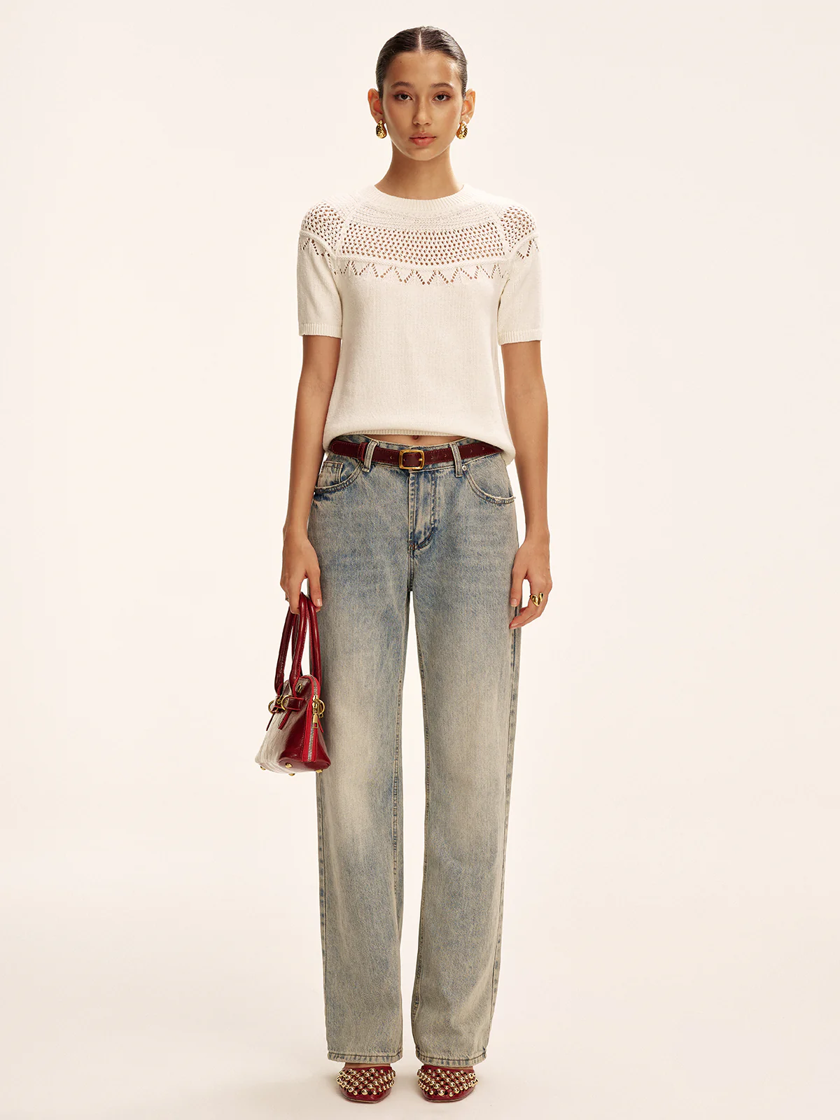 Short-Sleeve Eyelet Knit Sweater - Image 2