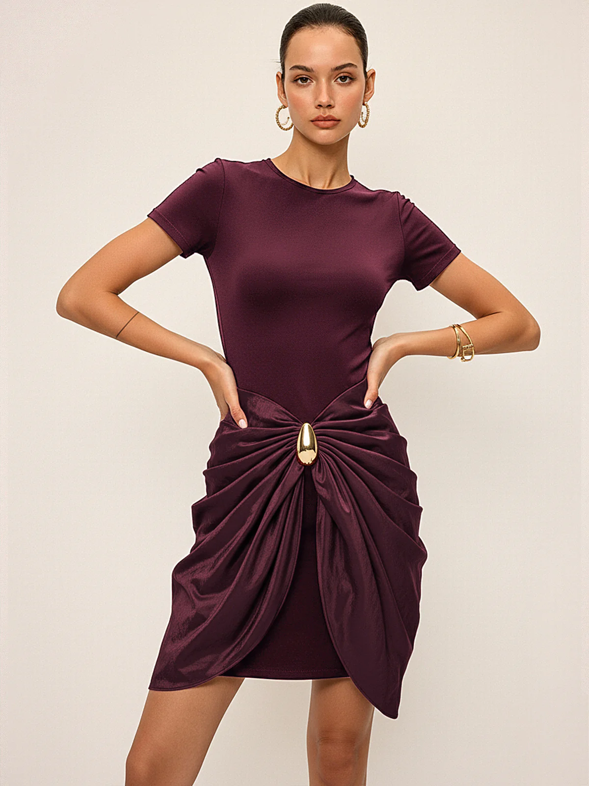Short Sleeve Ruched Metal Buckle Dress - Image 6