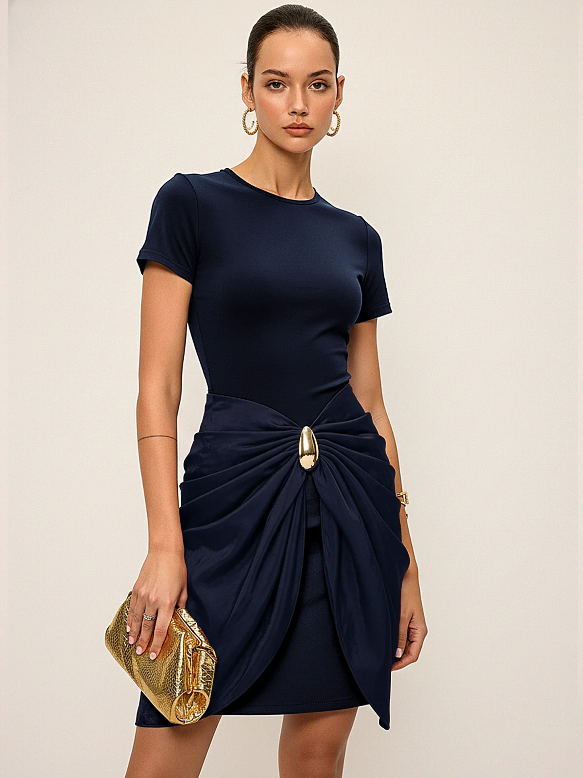 Short Sleeve Ruched Metal Buckle Dress - Image 8