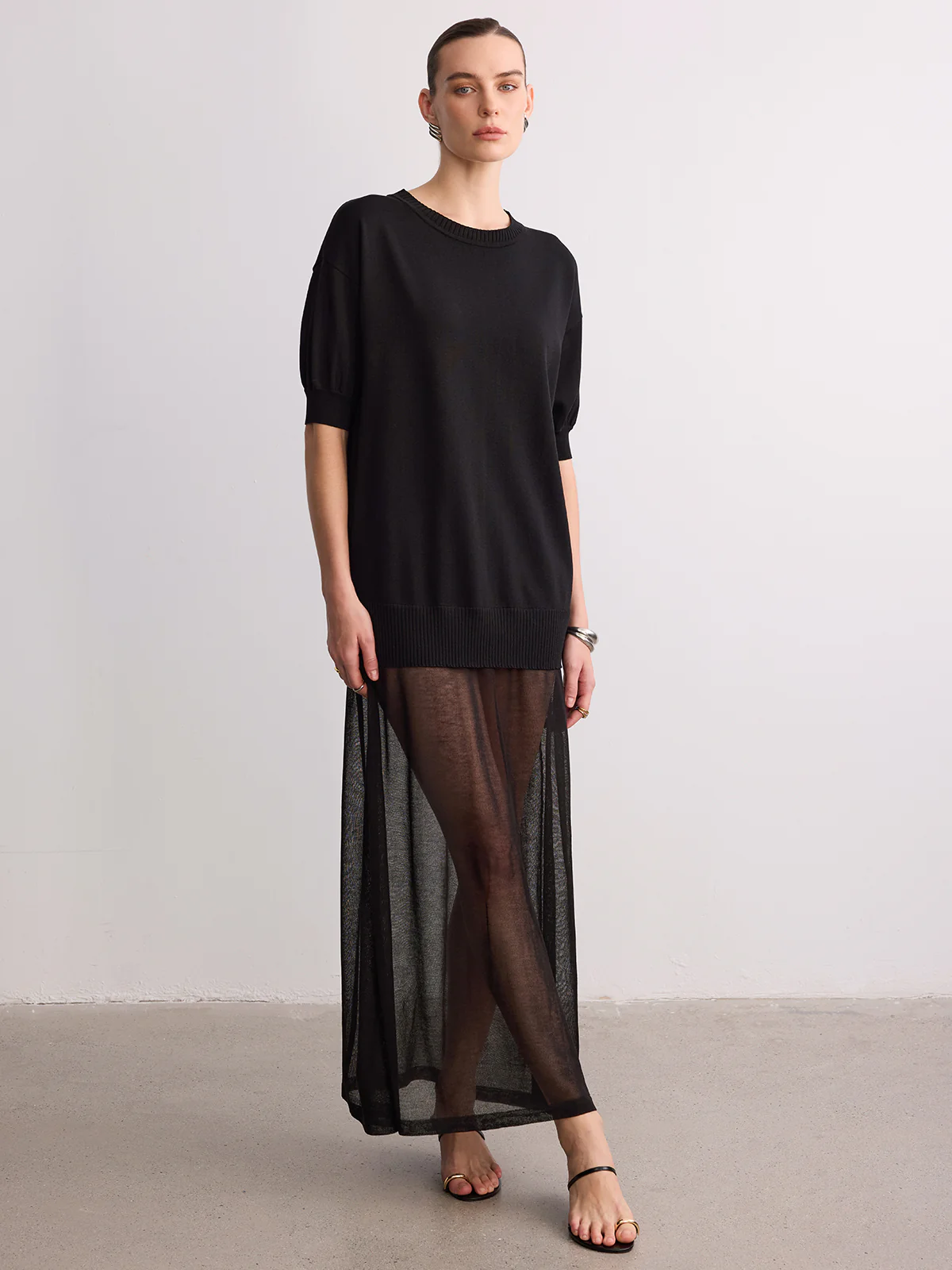 Short Sleeve Sheer Hem Knit Maxi Dress
