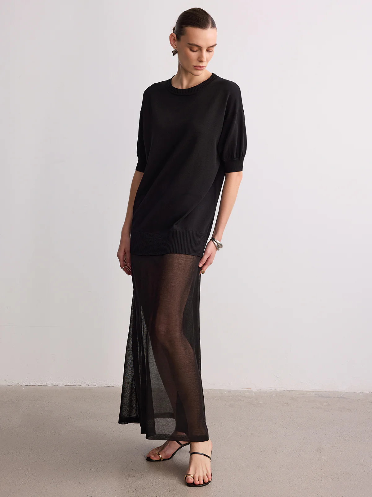 Short Sleeve Sheer Hem Knit Maxi Dress - Image 2