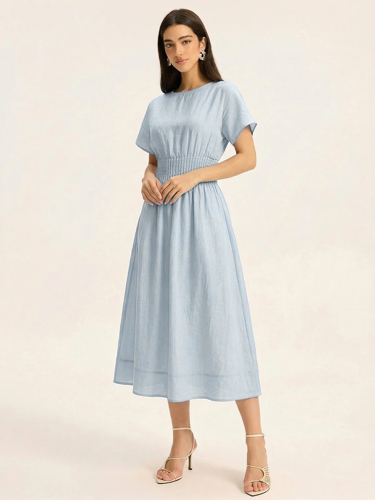 Short Sleeve Smocked Waist Midi Dress - Image 6