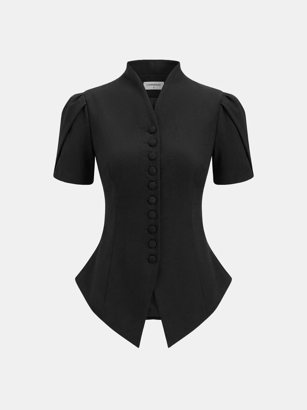 Short Sleeve Stand Collar Buttoned Slim Blouse - Image 6
