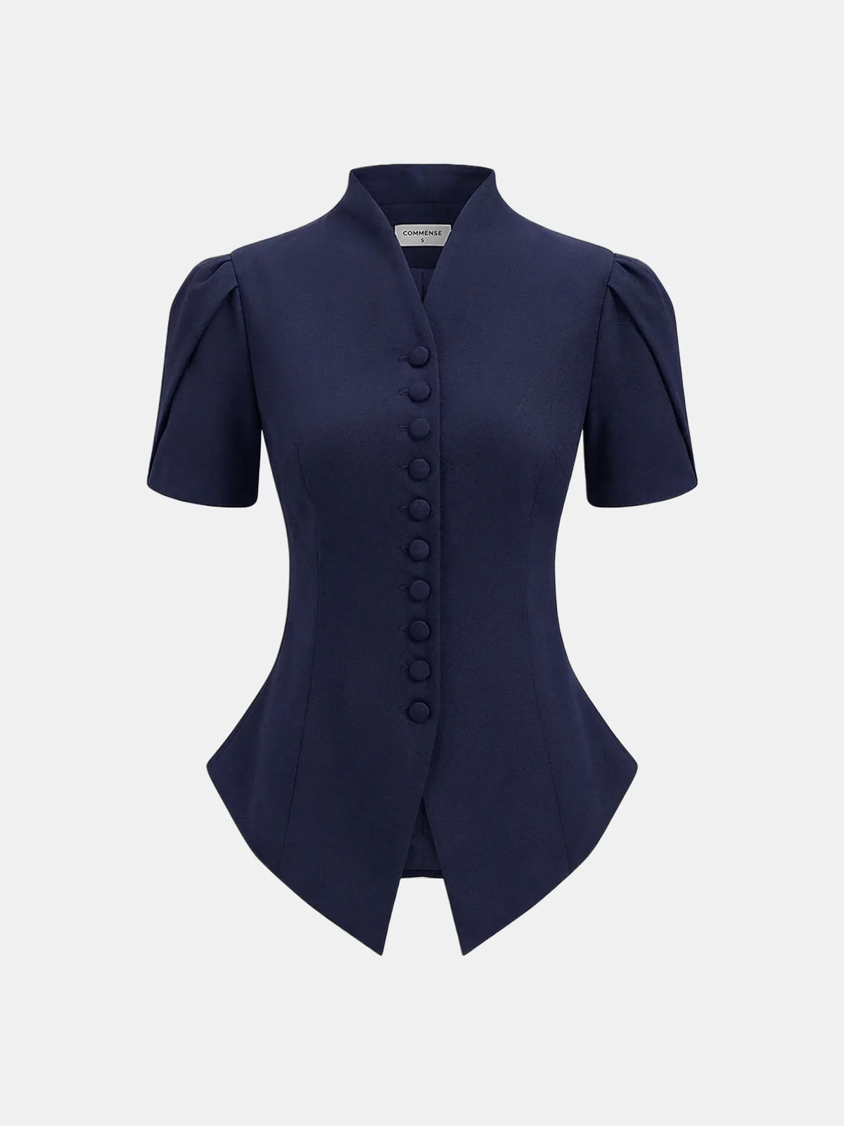 Short Sleeve Stand Collar Buttoned Slim Blouse - Image 7