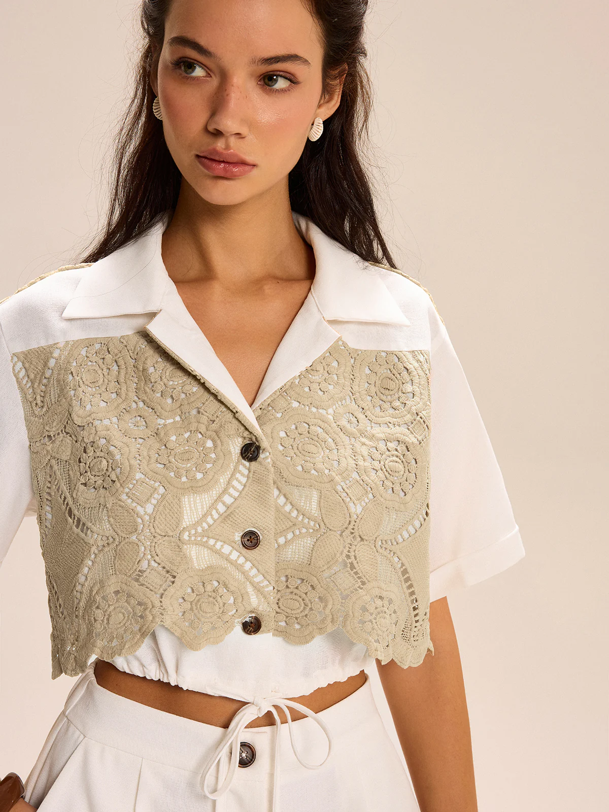 Lace-paneled Cropped Shirt Shorts Set - Image 3