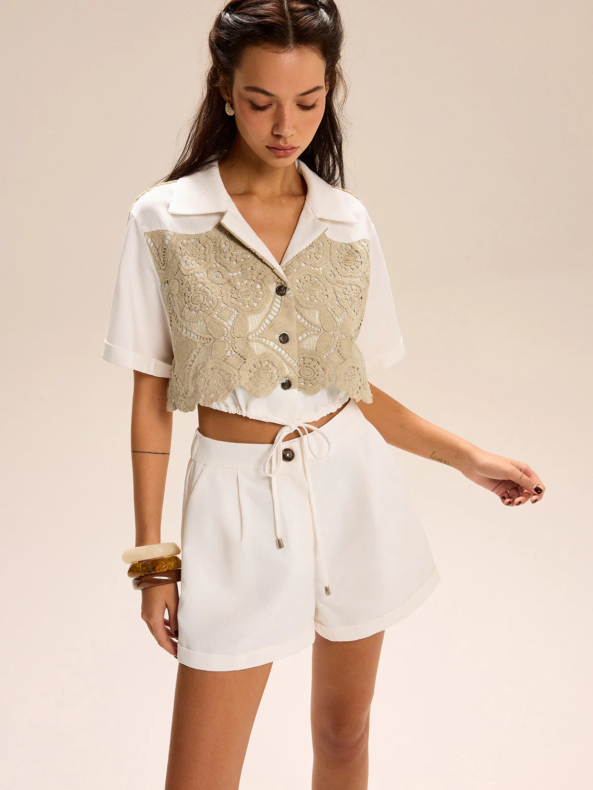 Lace-paneled Cropped Shirt Shorts Set - Image 5