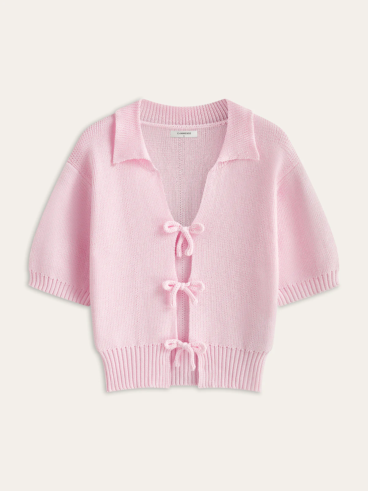Short-Sleeved Knit Top with Bow Detail