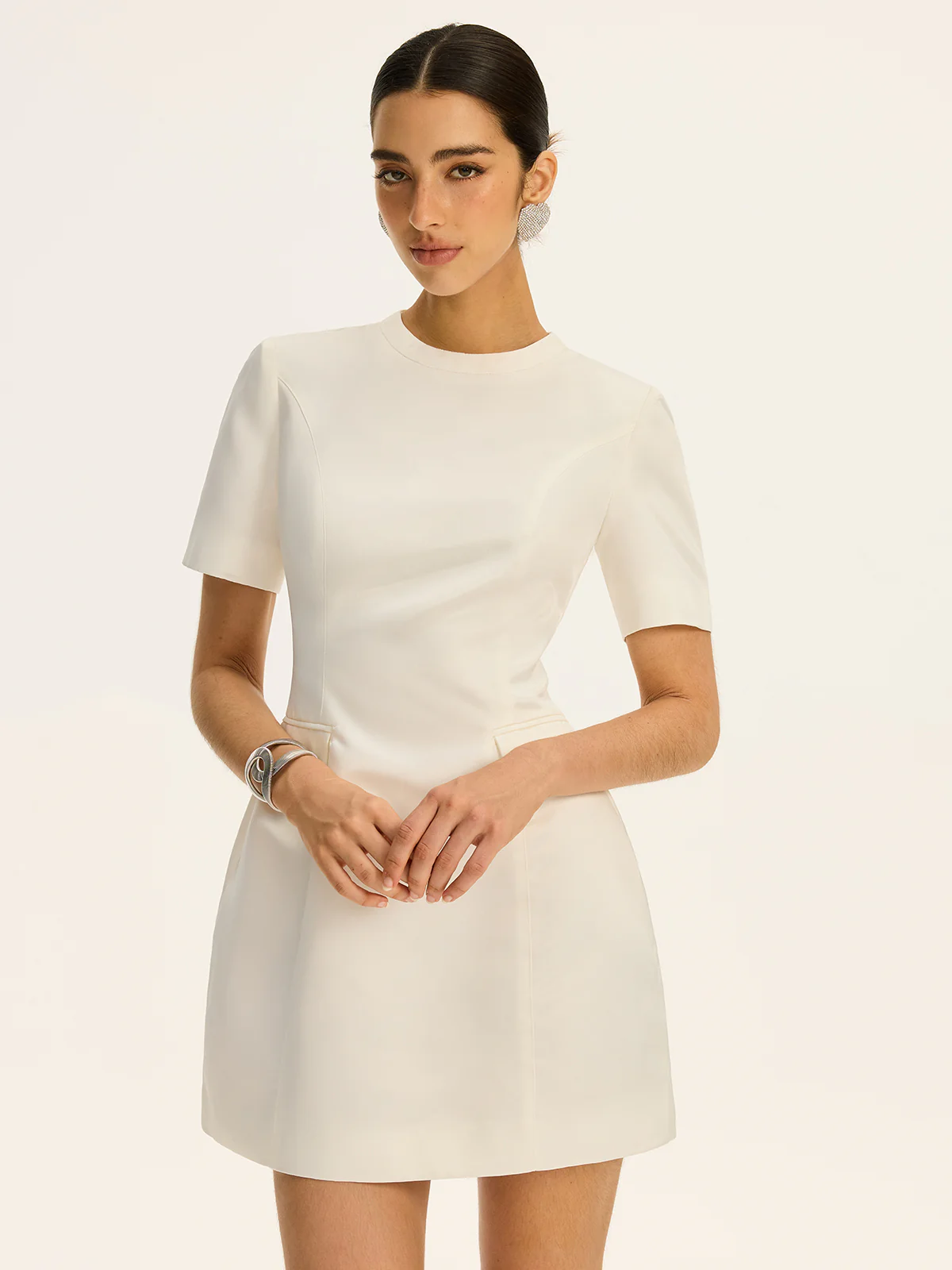 Short-Sleeved  Waist-Cinching Mini Dress with Decor Pockets
