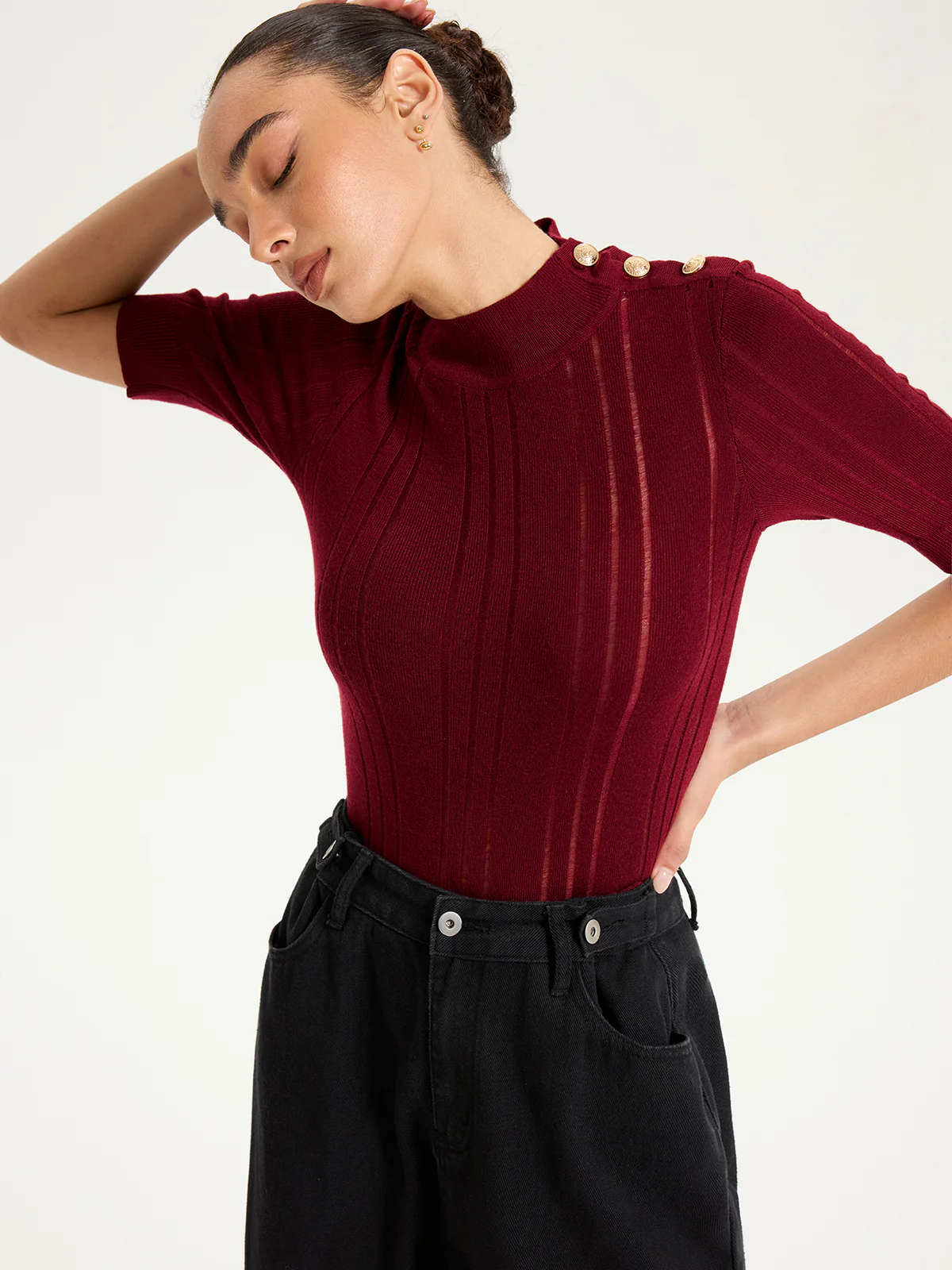 Shoulder Button Mock Neck Short Sleeve Sweater - Image 3