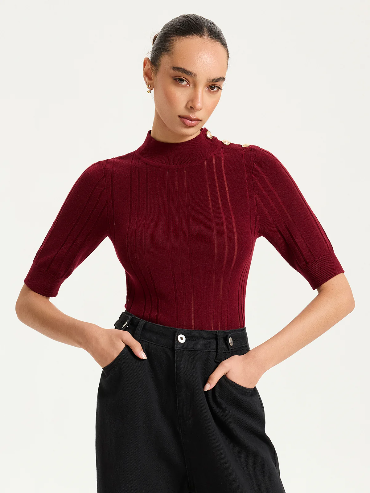 Shoulder Button Mock Neck Short Sleeve Sweater - Image 4