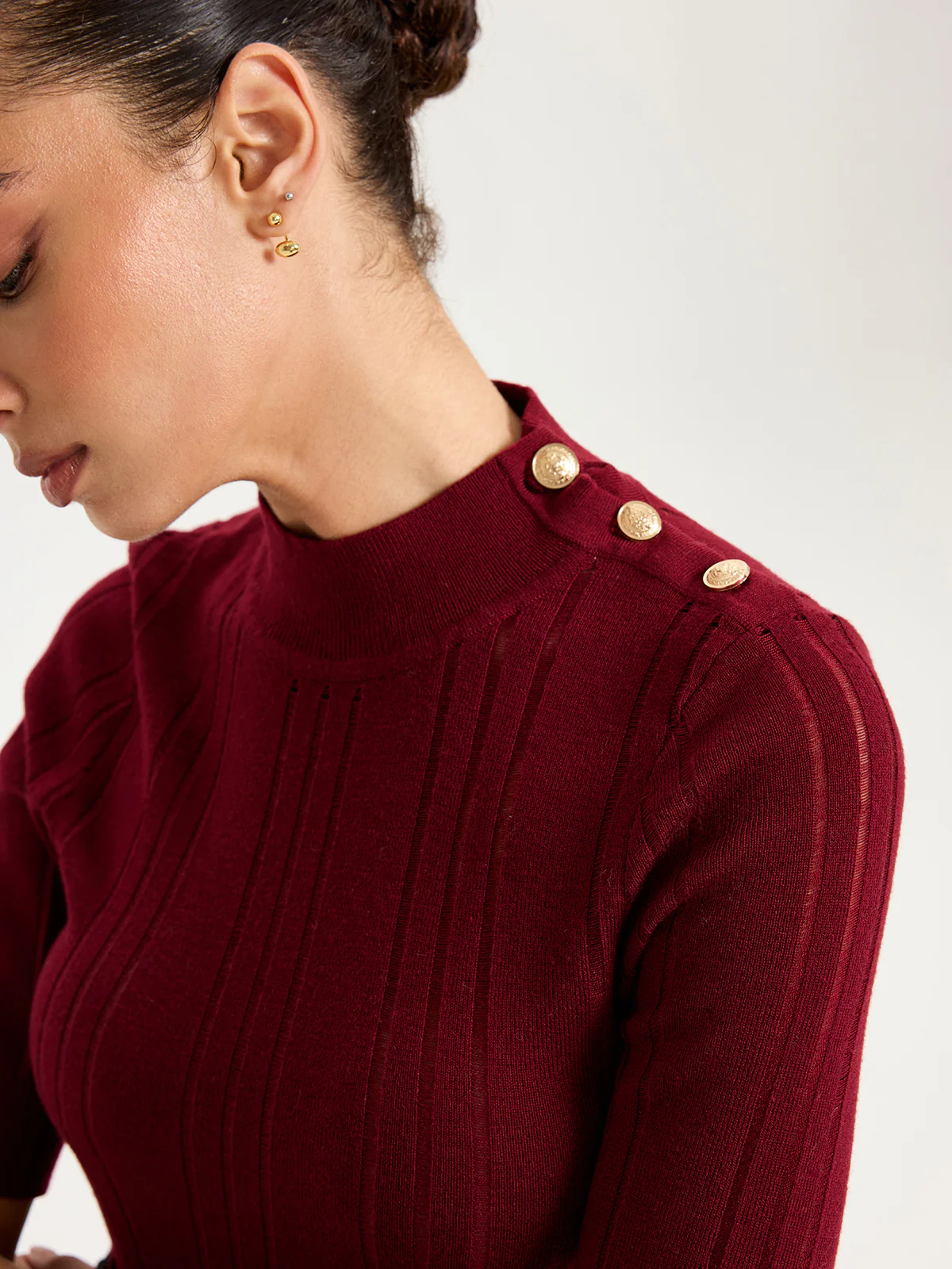 Shoulder Button Mock Neck Short Sleeve Sweater - Image 5