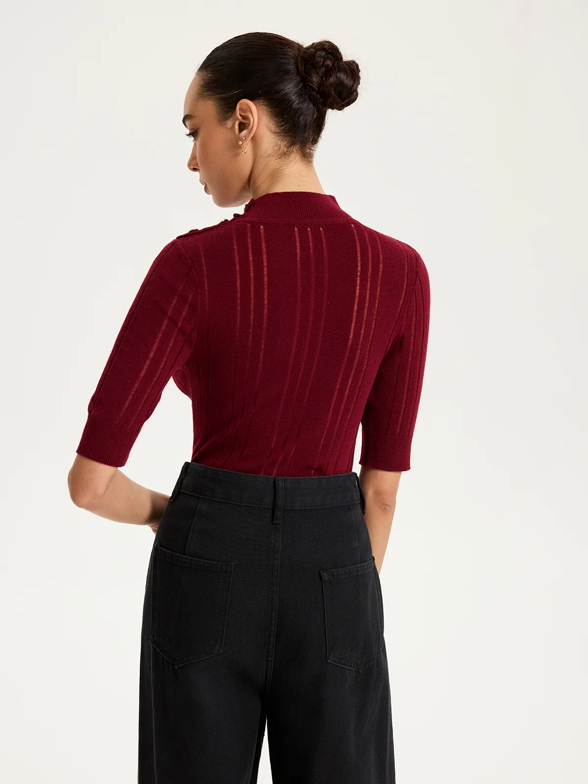 Shoulder Button Mock Neck Short Sleeve Sweater - Image 6