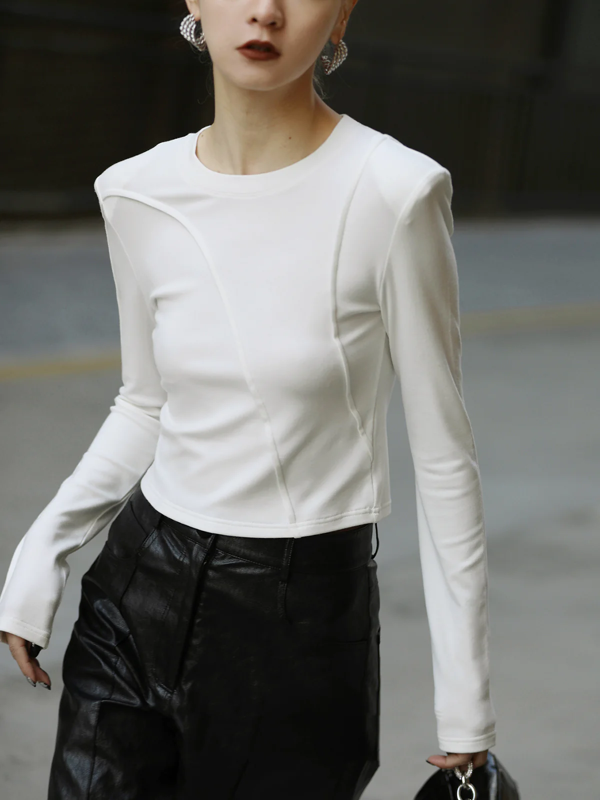 Shoulder Pads Long Sleeve Crew Neck Top - Image 2
