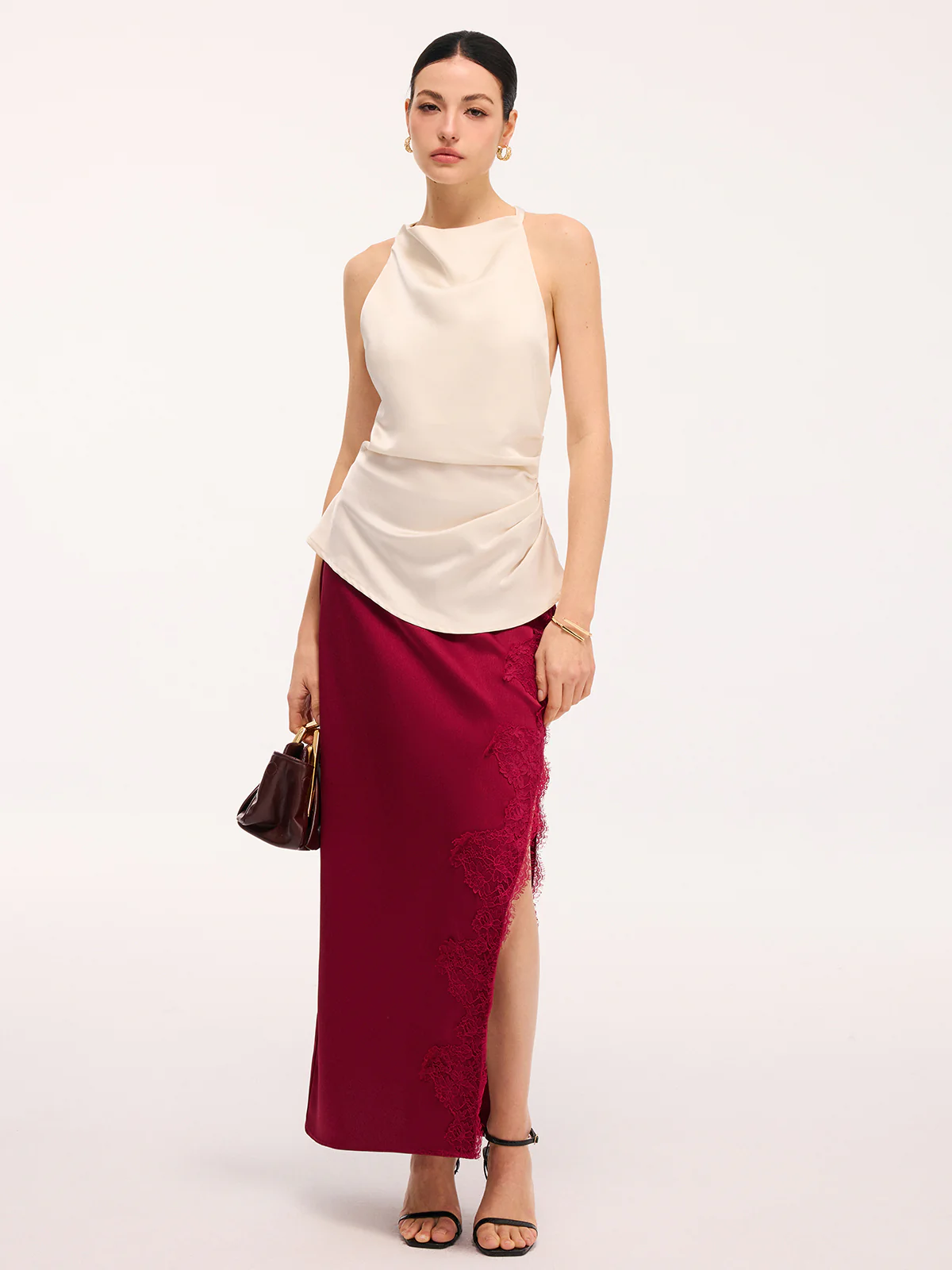 Side Slit Lace Trim Satin Maxi Skirt - Image 2