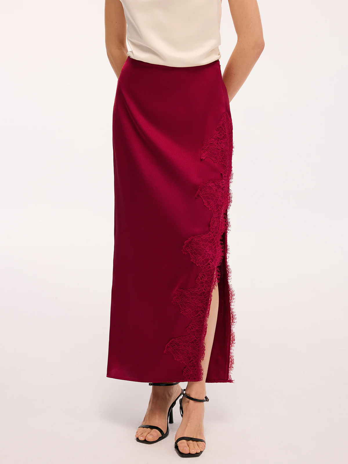 Side Slit Lace Trim Satin Maxi Skirt - Image 3
